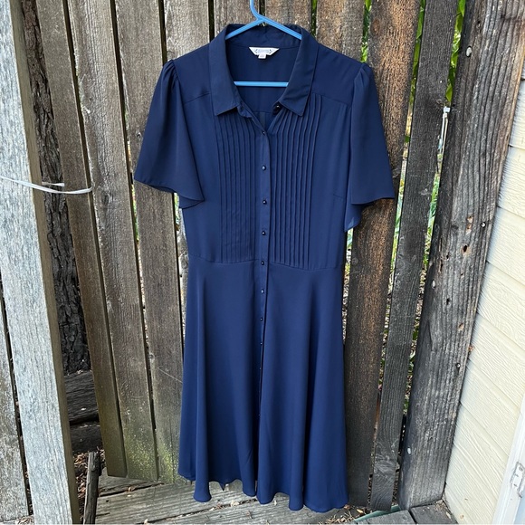 Nanette Lepore Navy Blue Pintuck Pleat Flutter Sleeve Button Down Dress Sz 12 - Picture 8 of 14